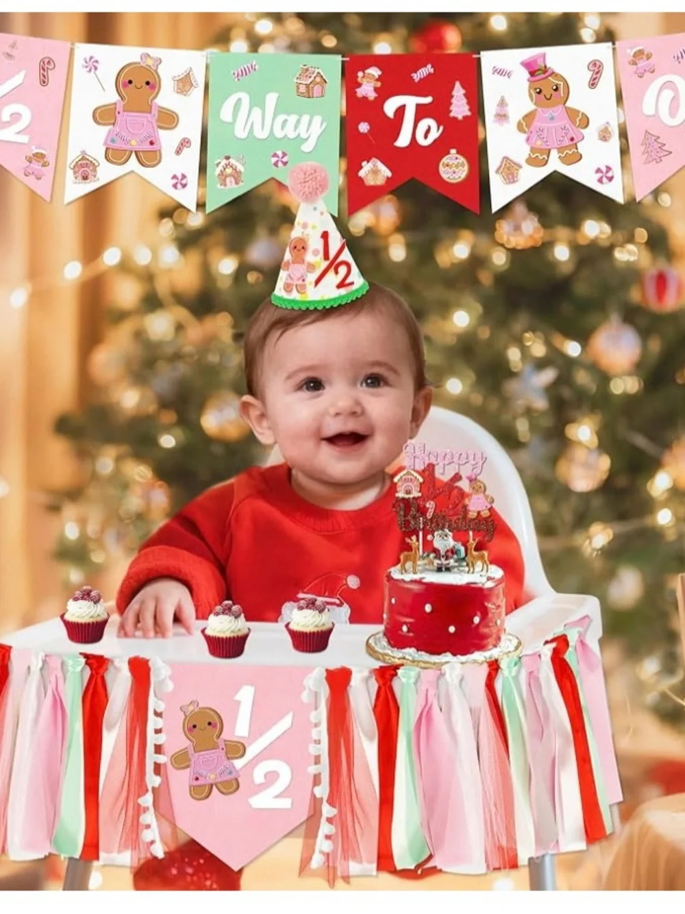 Gingerbread 1/2 Birthday Party Hat, Crib and Banner Set - Pink, Red & Green